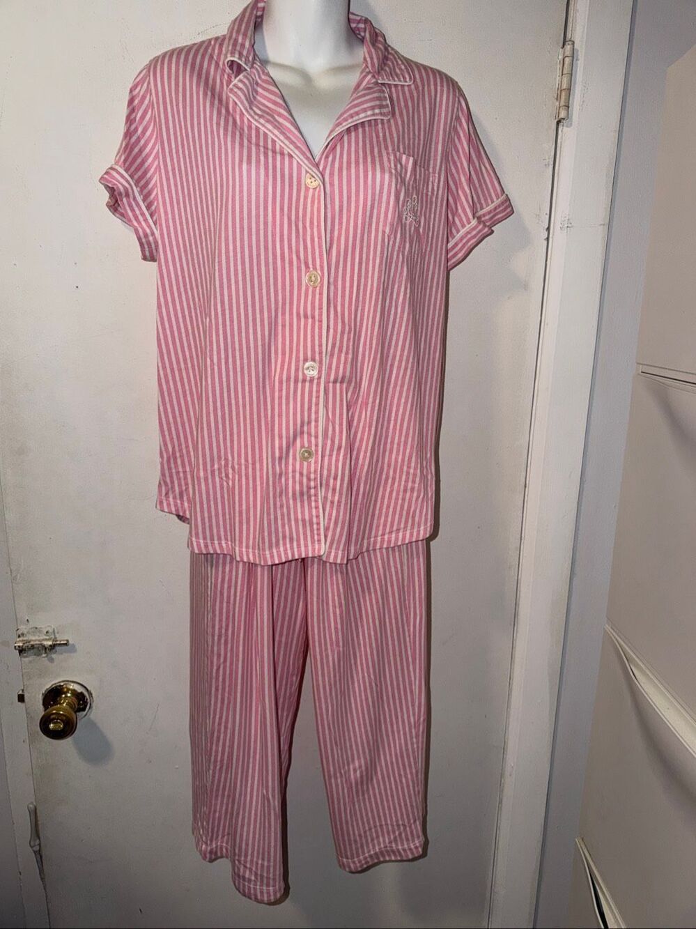 LAUREN Ralph Lauren Pink and white Stripe Capri Pajama Set-L